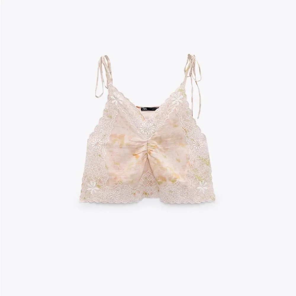 Zara NWT Women’s Pink Embroidered Tie Dye Sleeveless Boho Cami Crop Top Size L - Picture 5 of 12